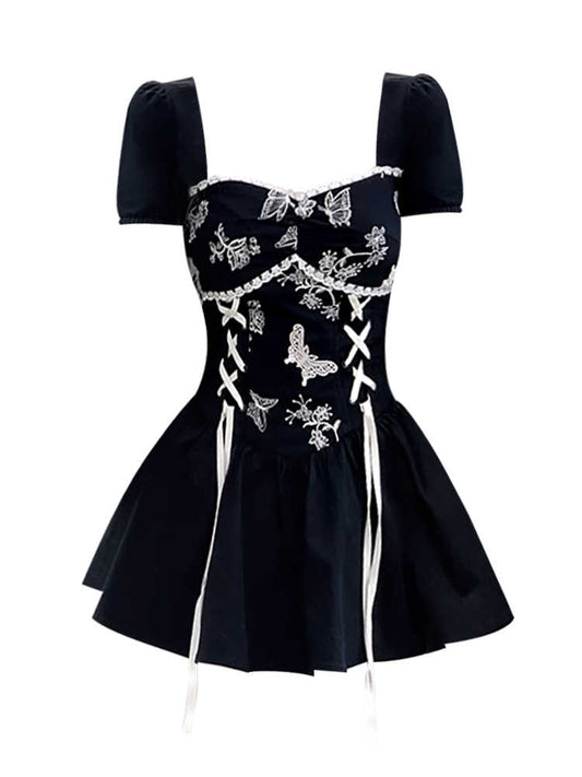 French Embroidered Strap Dark Coquette Dress