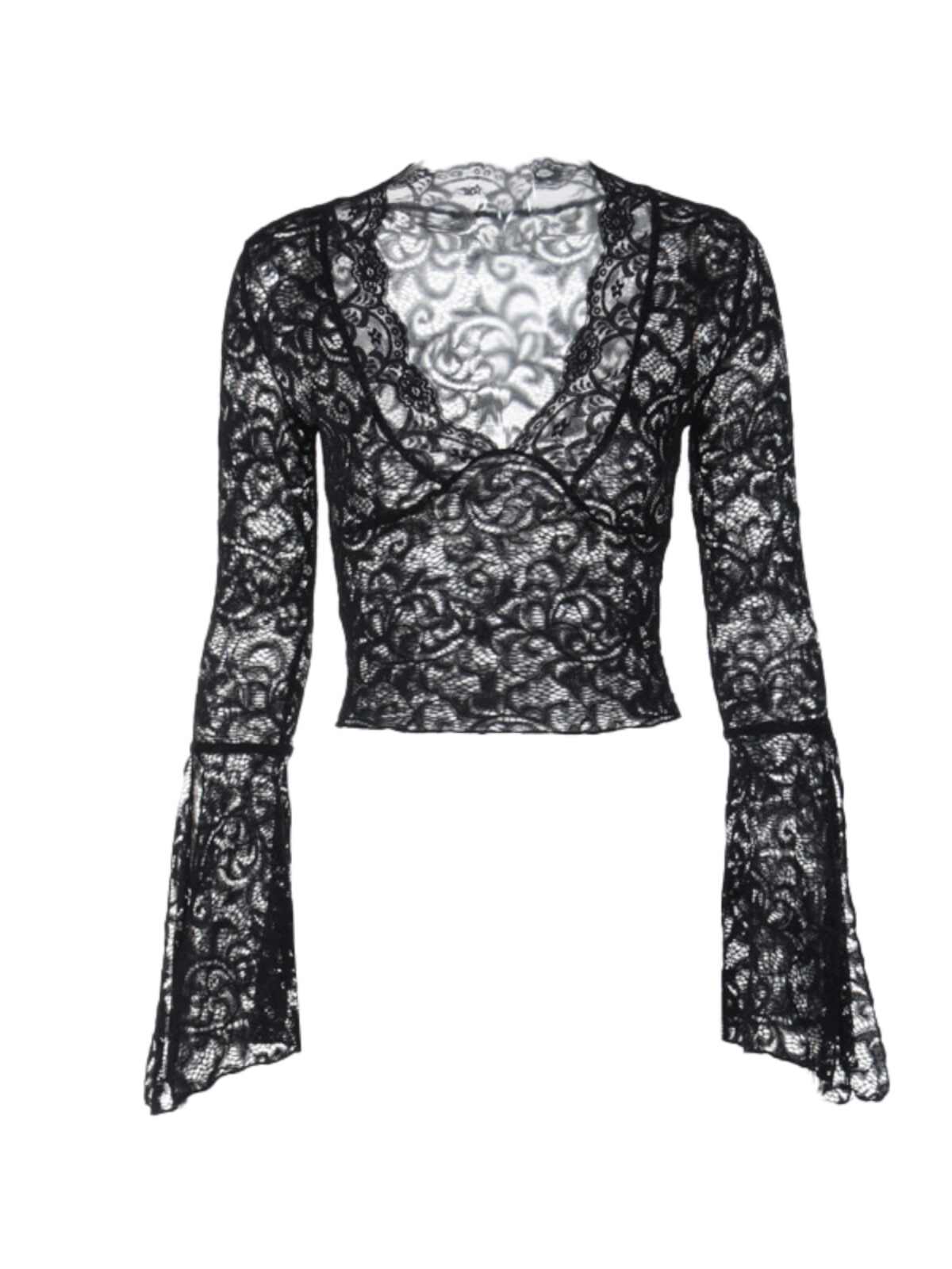 Dark Coquette V-neck Lace Long-sleeved Top