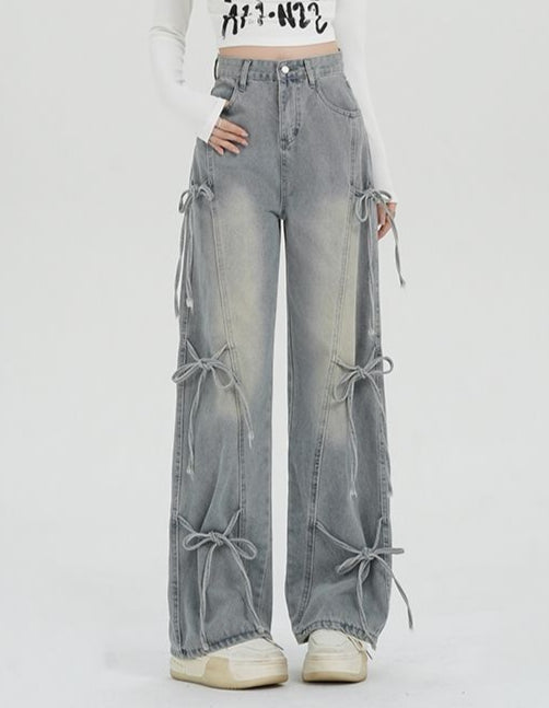 Coquette Light Blue Bow-knot Wide-leg Jeans