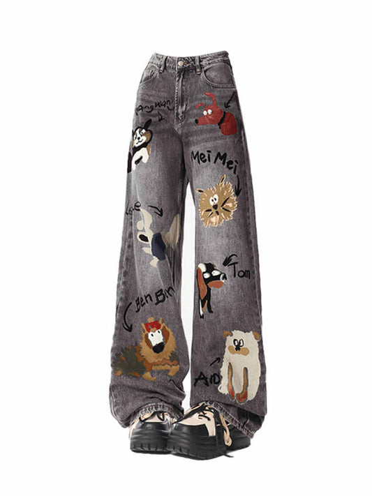 Retro Graffiti Puppy Bell Bottom Jeans