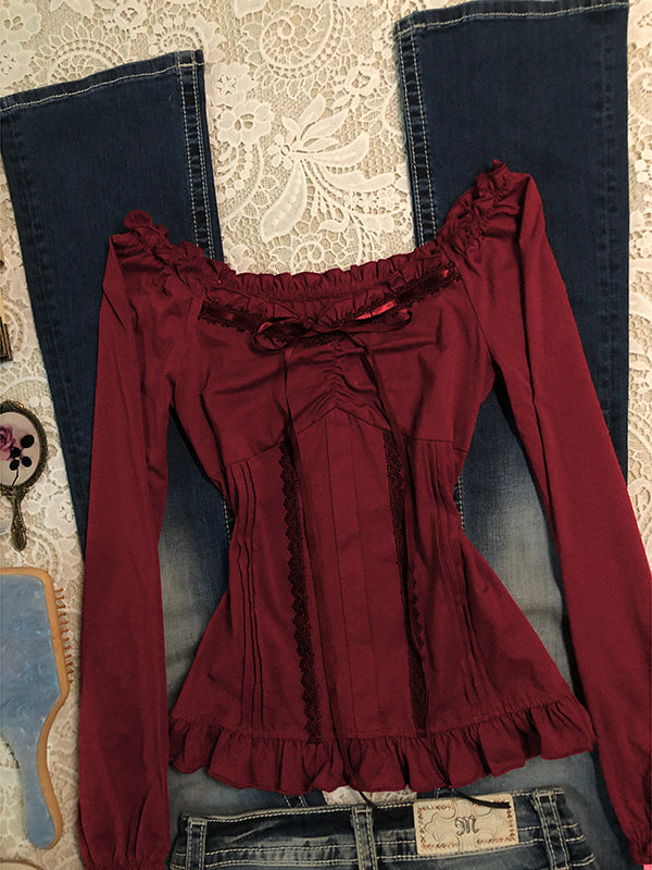 retro red lace bow strap long-sleeved top