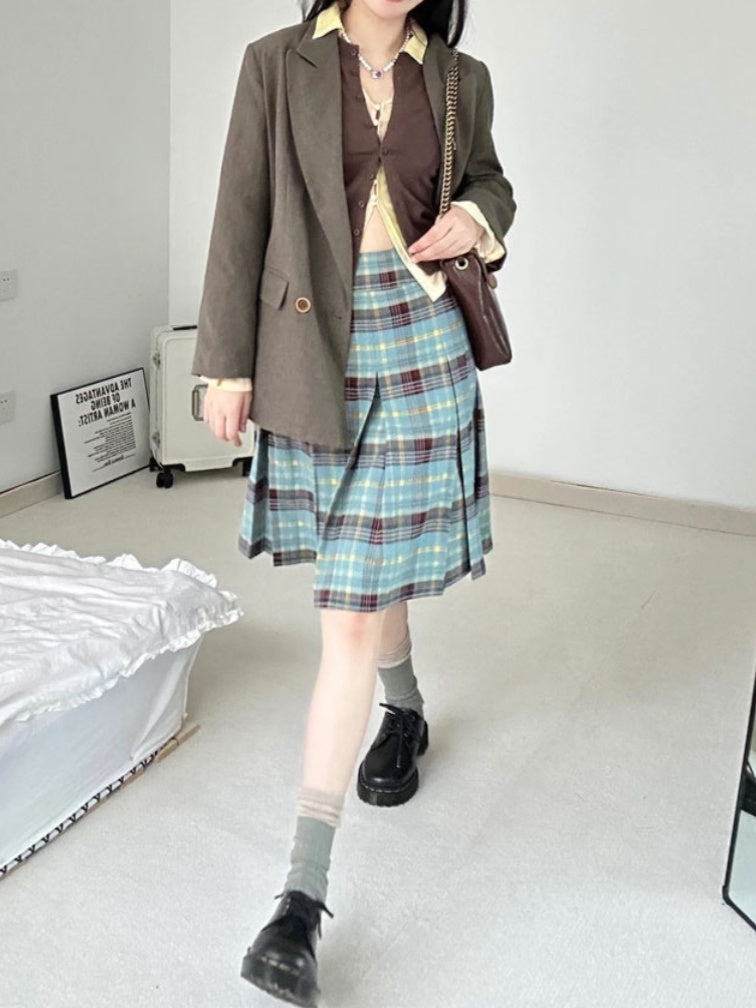 Preppy Green Mid-length Plaid Skirt