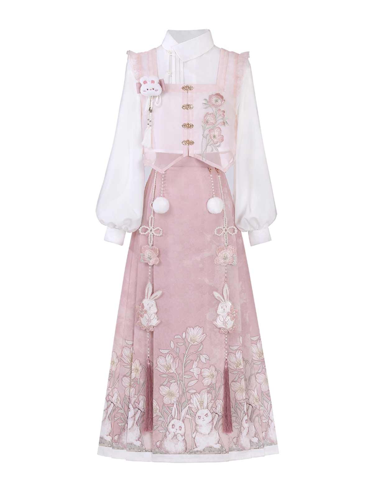 Hanfu Aesthetic Pink Rabblit Shirt + Skirt Suit