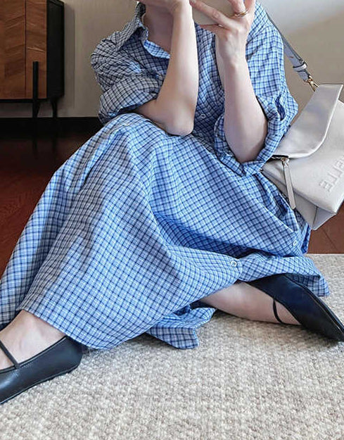 Retro Blue Plaid Lapel Shirt Dress