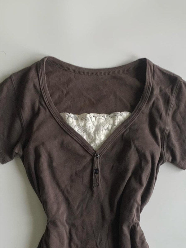 brown lace v-neck shirt