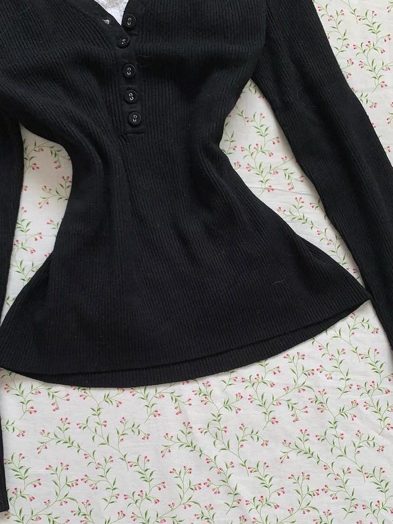 lace suspender U-neck long-sleeved top