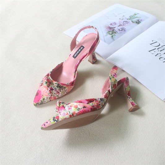 Versatile Printed Two-Tone Satin Closed-Toe High Heel Sandals for Dress