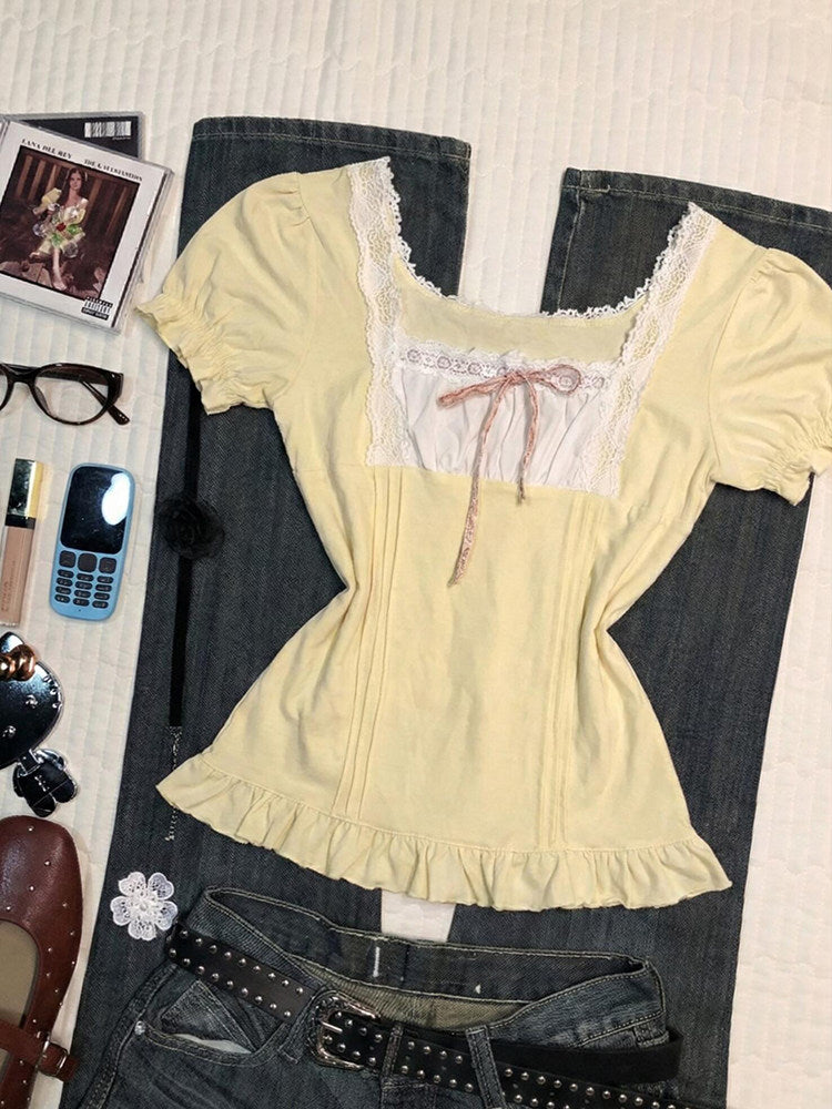 yellow lace bow shirt