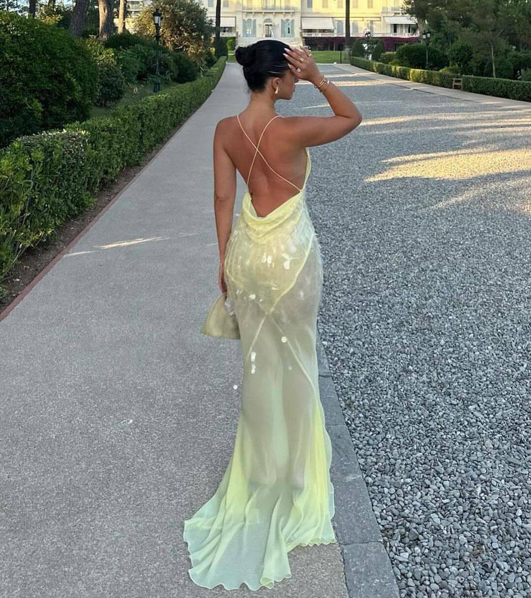 Yellow V-Neck Backless Sequin Maxi Dress