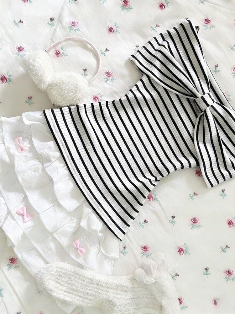 striped bow off-shoulder shirt