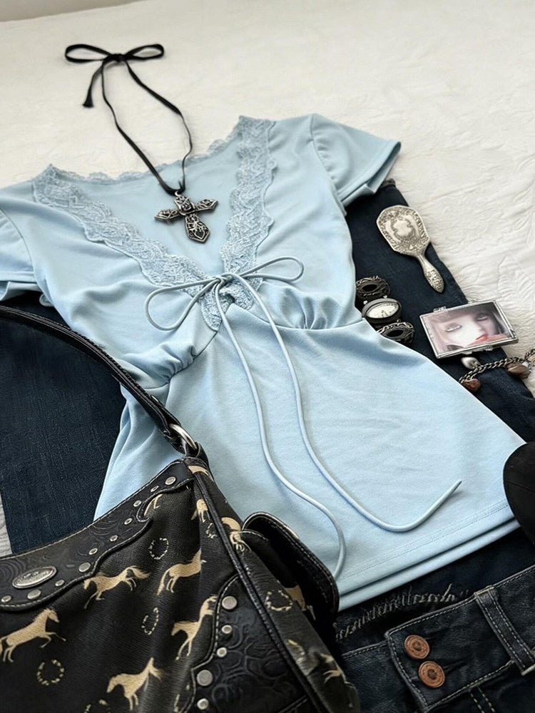 retro blue lace trim shirt