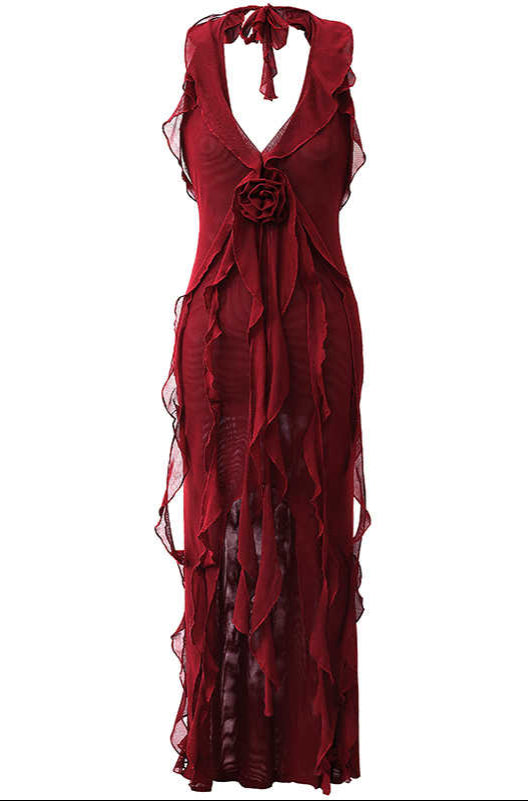 Red Halter Neck V-neck Dark Coquette Dress