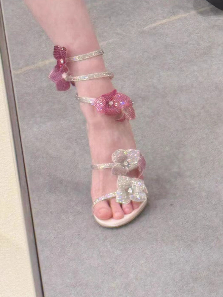 Rhinestone Snake-Wrap Floral High Heels