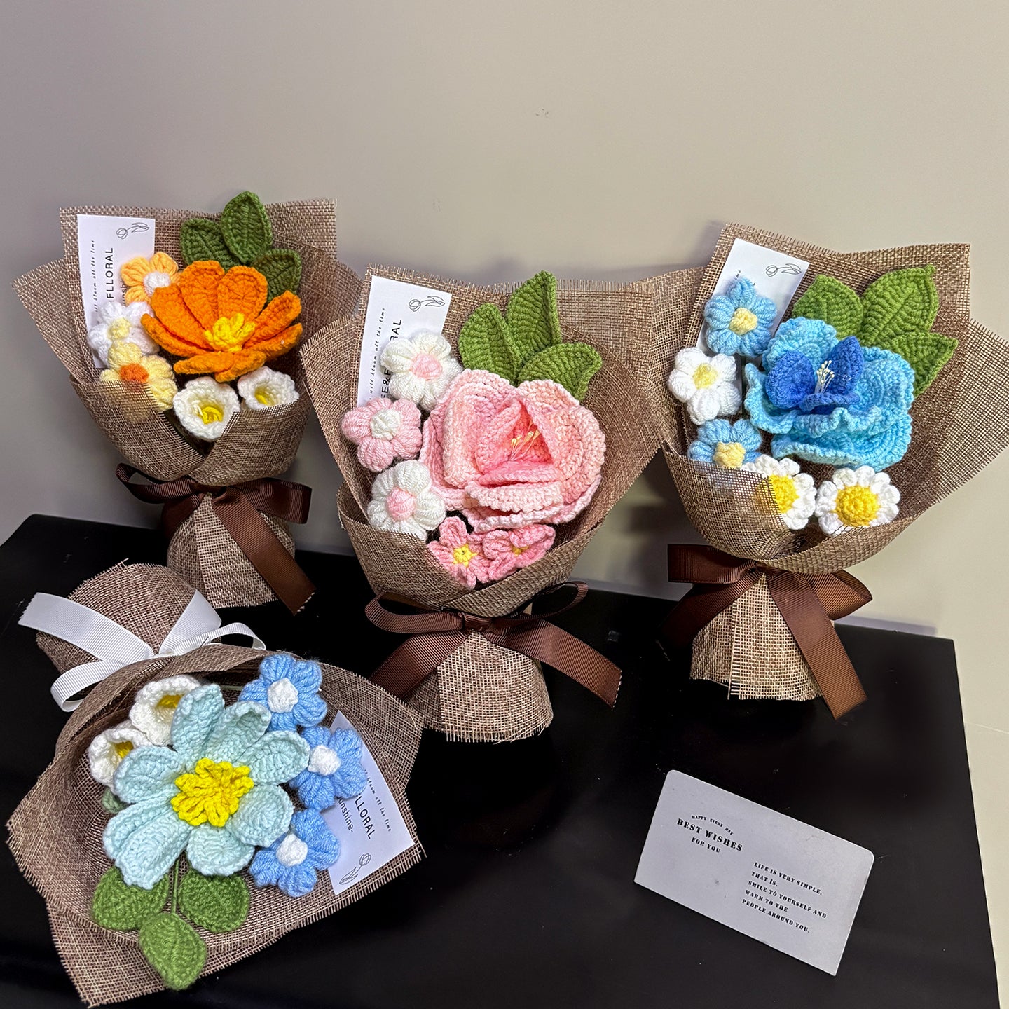 Hand-knitted small flowers bouquet