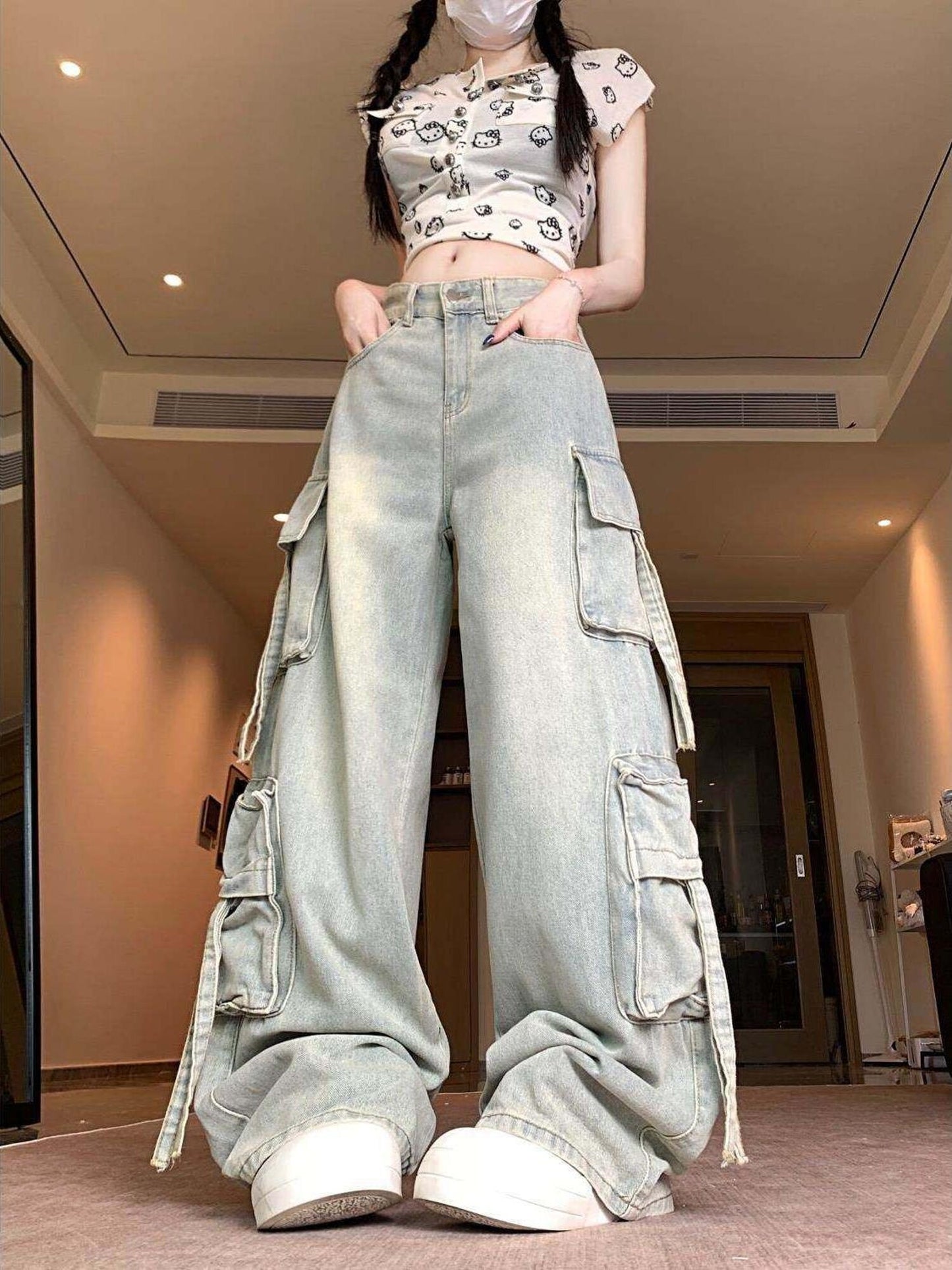 High-Waist Cargo Pocket Jeans