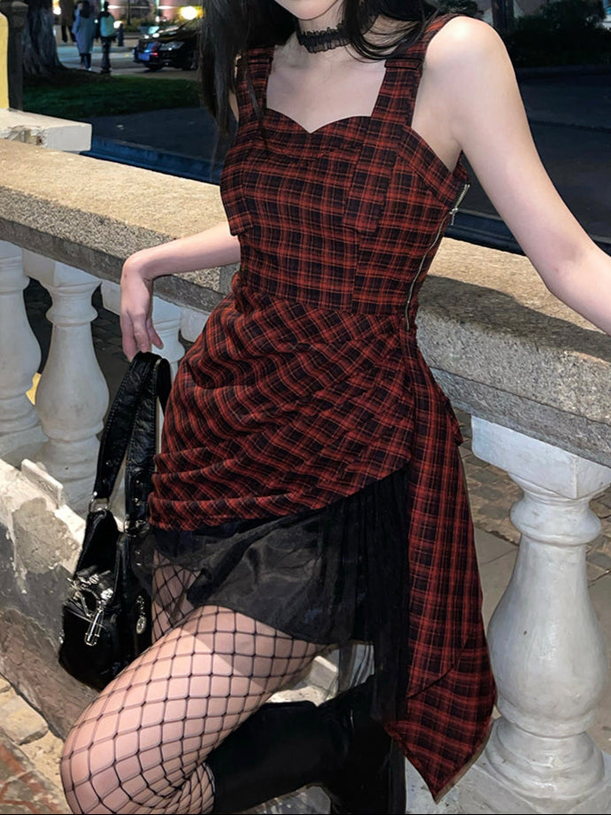 Goth Red Plaid Irregular Dress