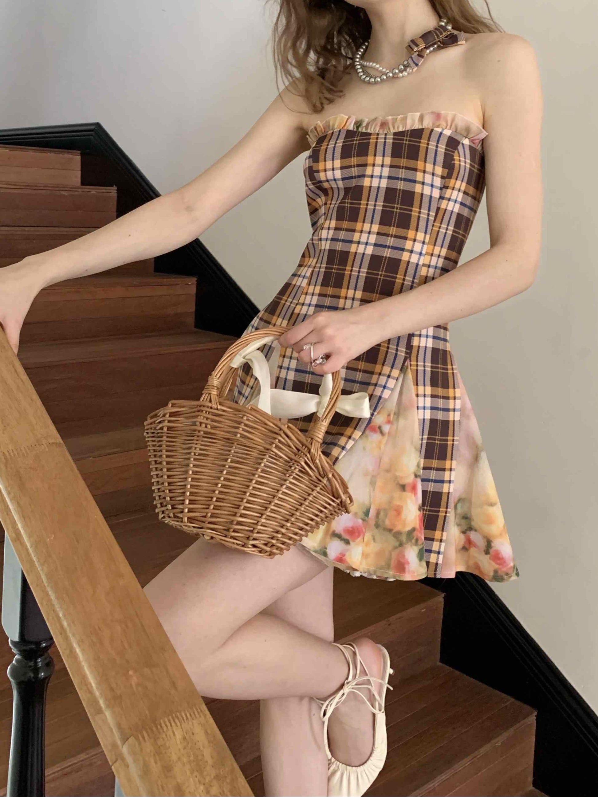 French Retro Plaid Tube Top Dress