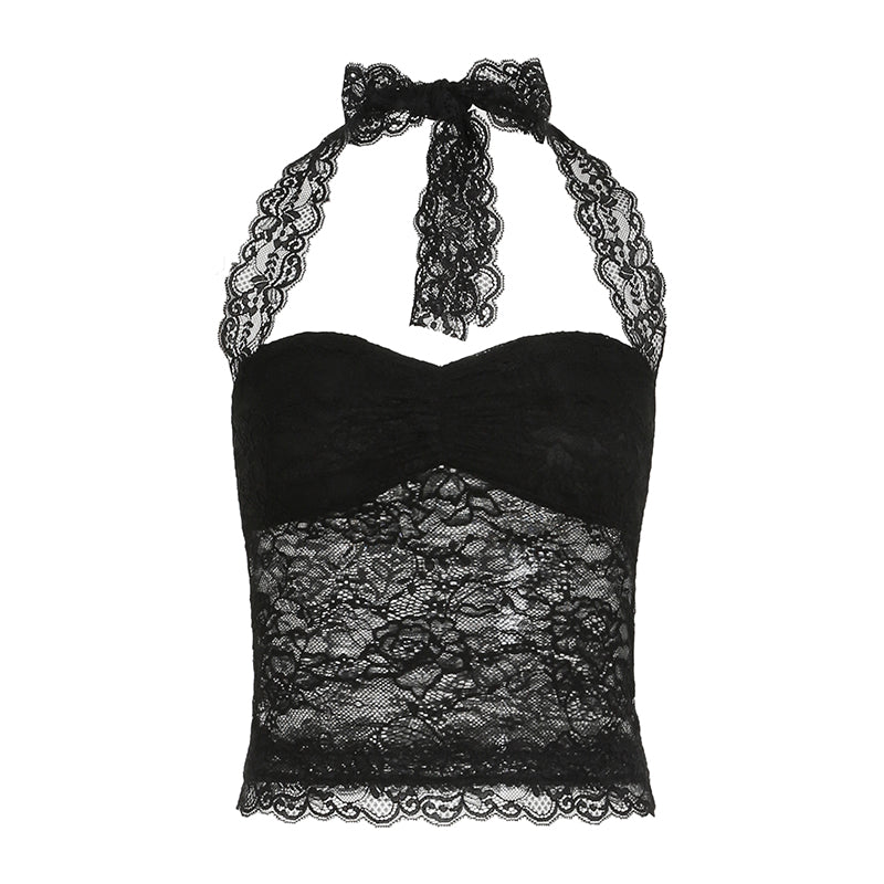 Halter Neck Lace Dark Coquette Tank Top