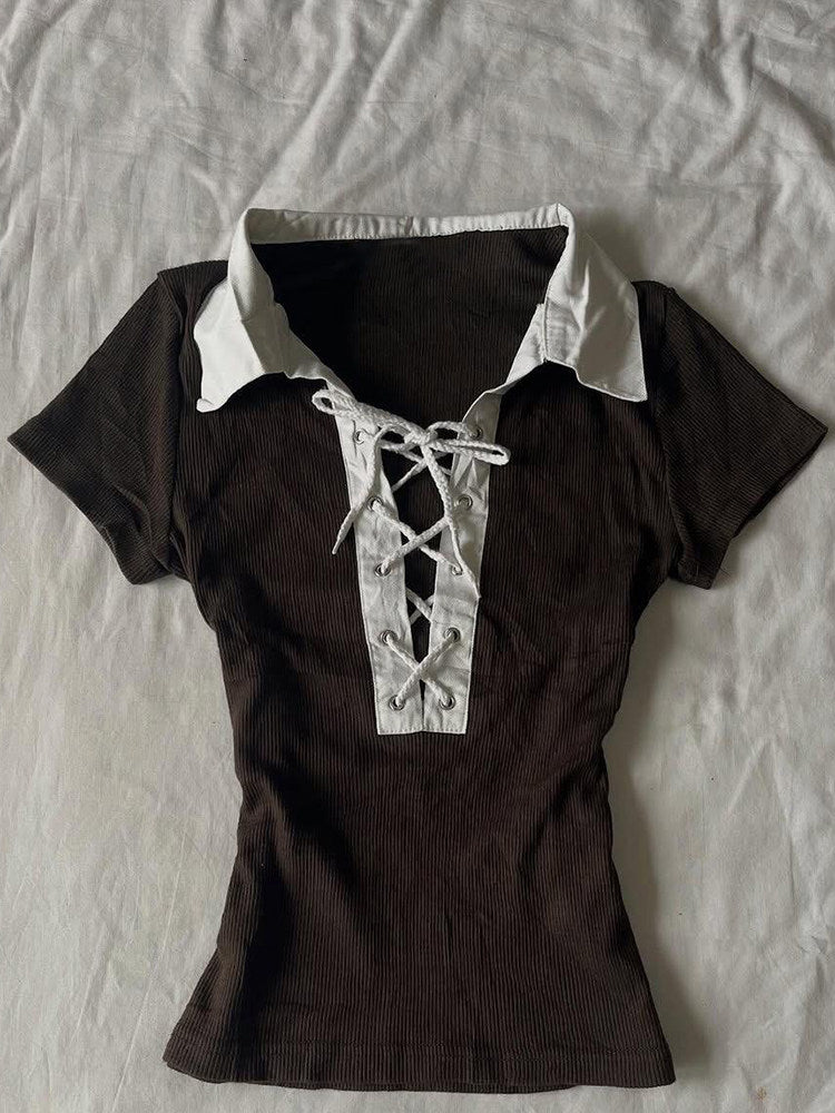 brown straps neck shirt