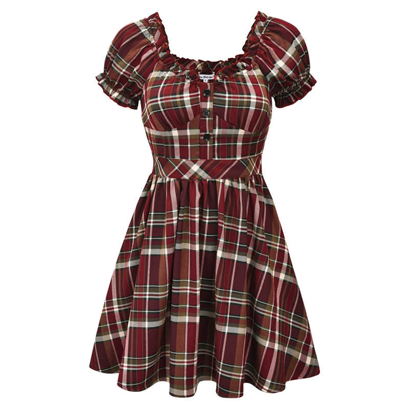 Fairy Grunge Puff Sleeve Red Plaid Dress