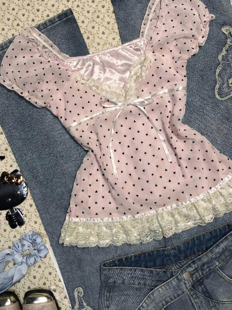 polka dots pink lace shirt