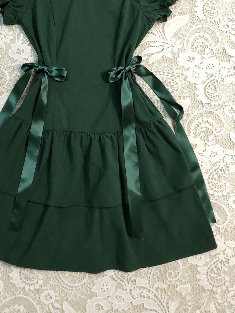retro green lapel puff sleeve dress
