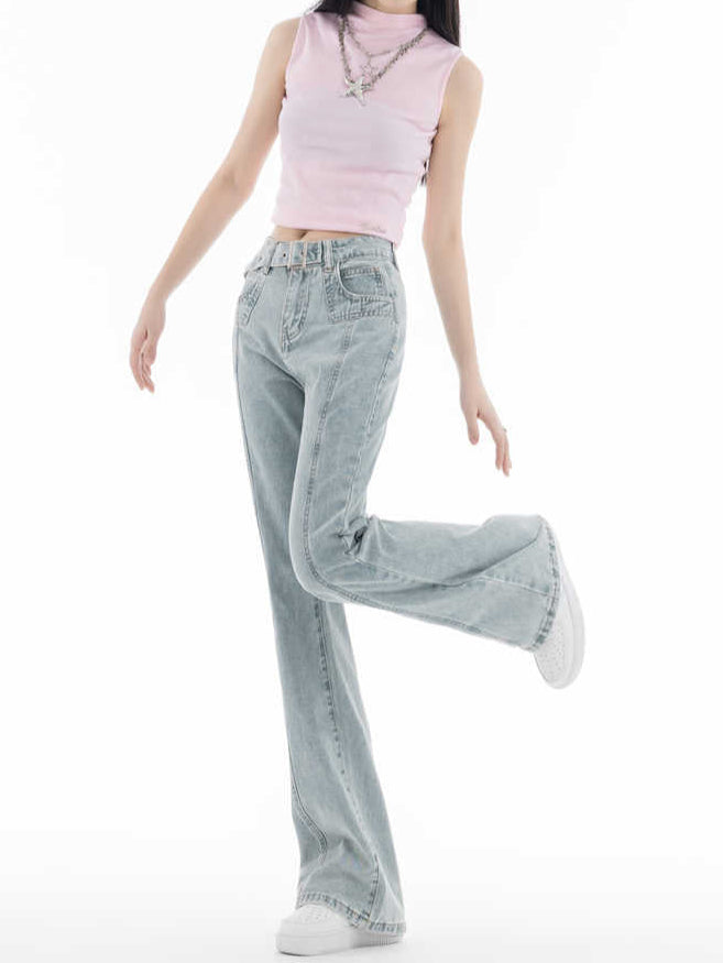 Coquette Light Blue Retro Belt Flare Jeans