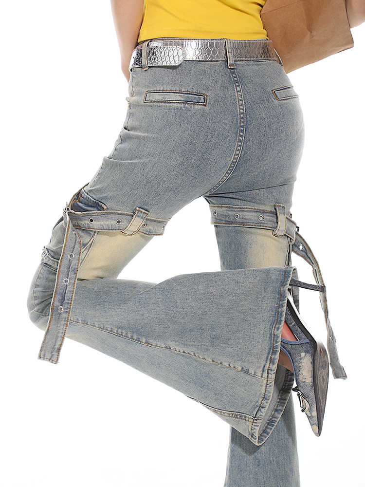 Y2K Distressed Belt Buckle Flared Jeans