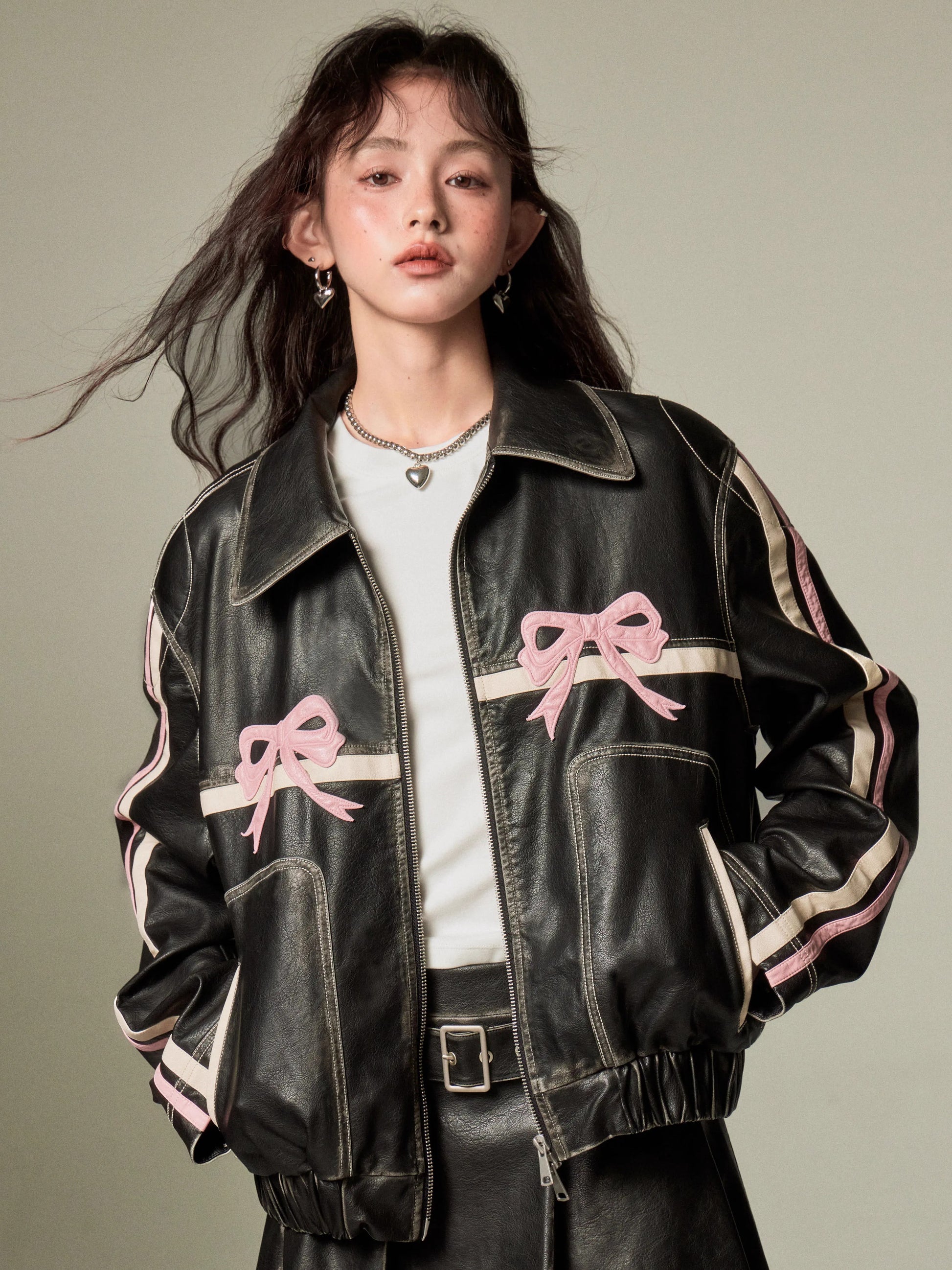 Dark Coquette Bow Retro Leather Jacket