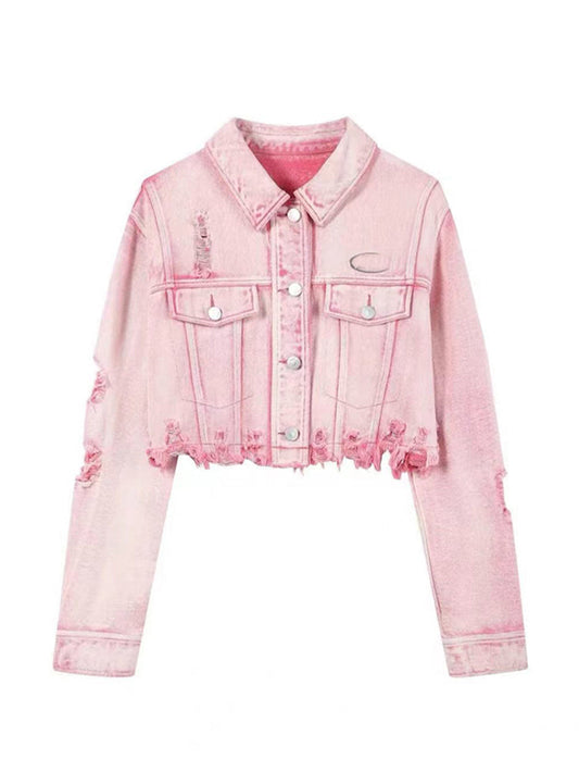 Y2K Pink Ripped Denim Crop Jacket