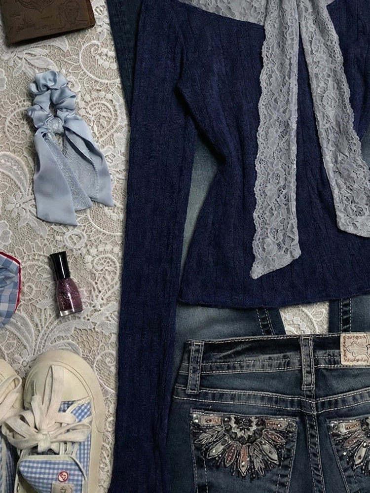 retro lace bow long-sleeved shirt