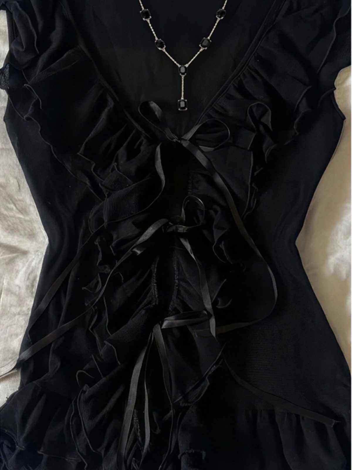 Black Bow Tie V-neck Top