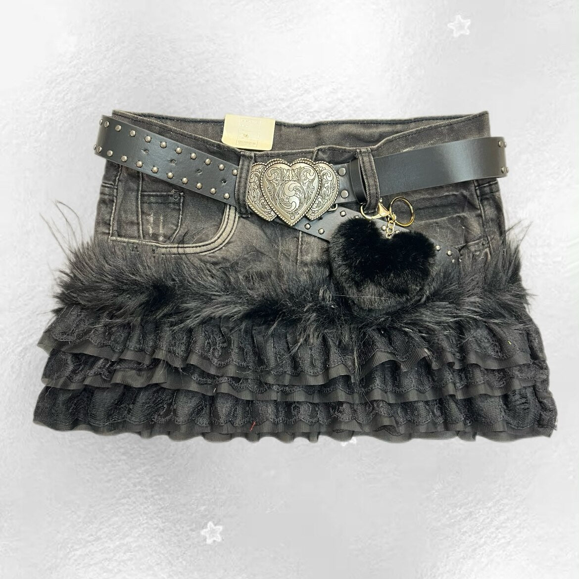 Y2K Lace Plush Denim Patchwork Mini Skirt