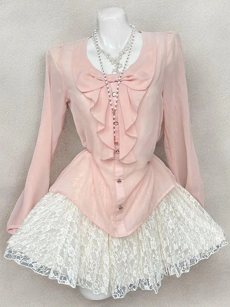Pink Girly 3-Piece Layering Outfit: Cardigan + Top + Short Skirt