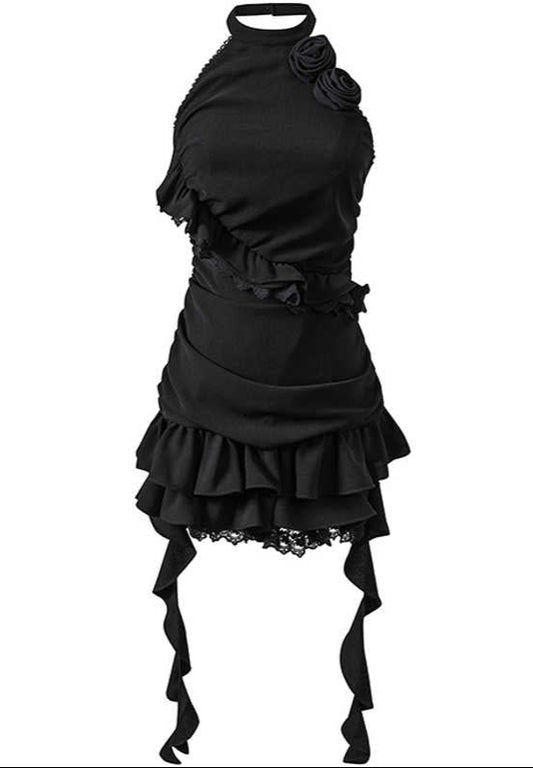 Rose Halterneck Ruffled Dark Coquette Dress