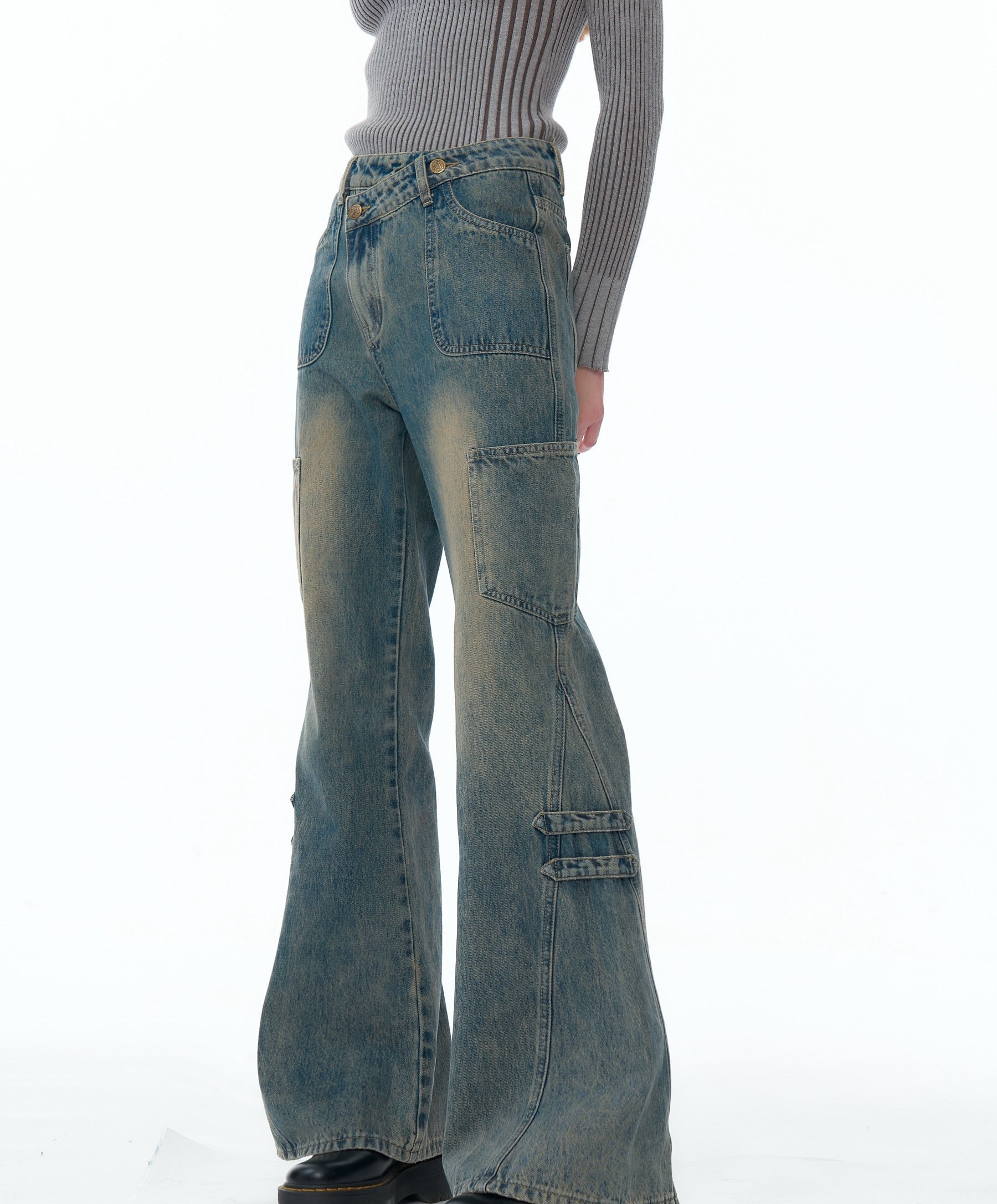 Retro Structure Wide-leg Washed Blue Jeans