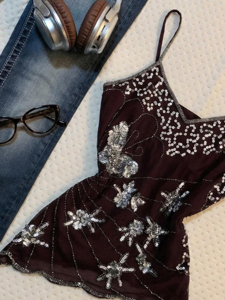 Vintage Brown Rhinestone Sequin Halter Top