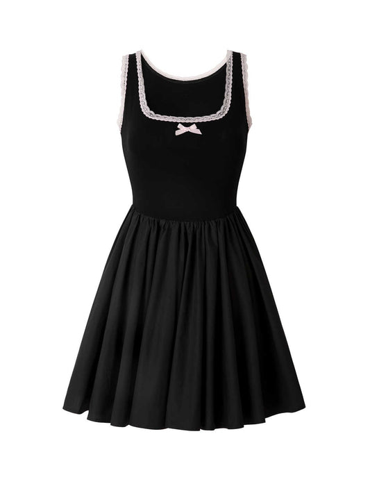 Bow Lace Square Neck Dark Coquette Dress