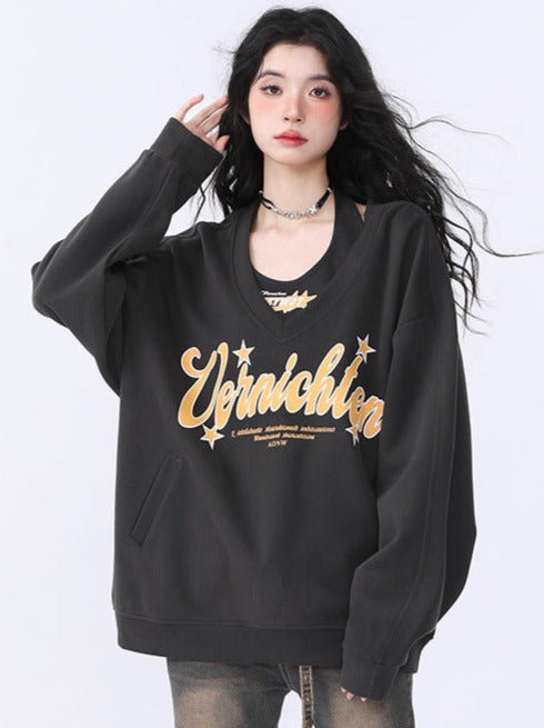 American Retro Casual Loose Two Piece Letter Print Sweatshirt