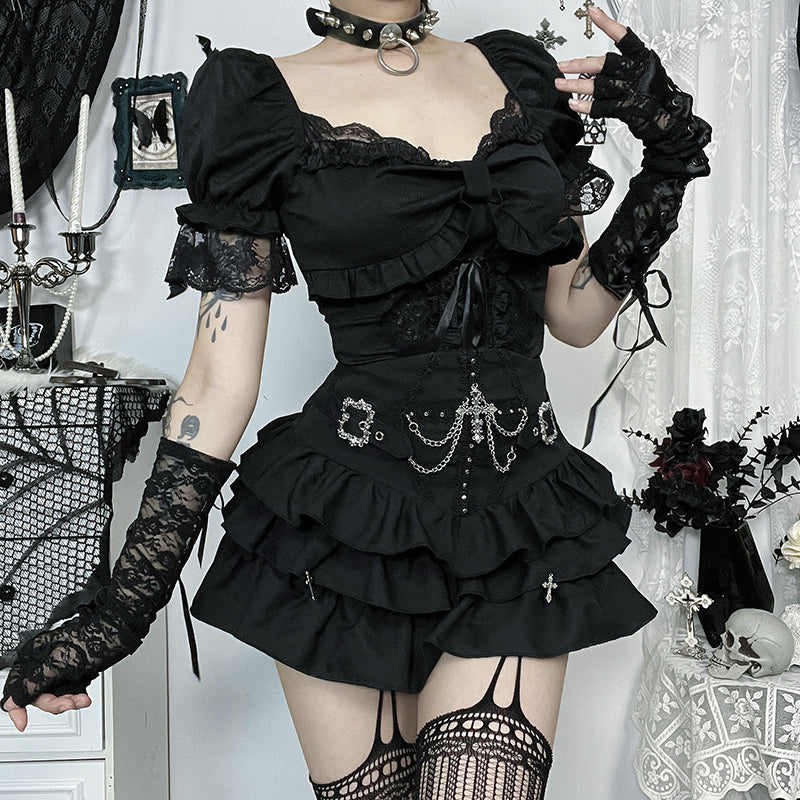 Black Lace Puff-sleeved Top