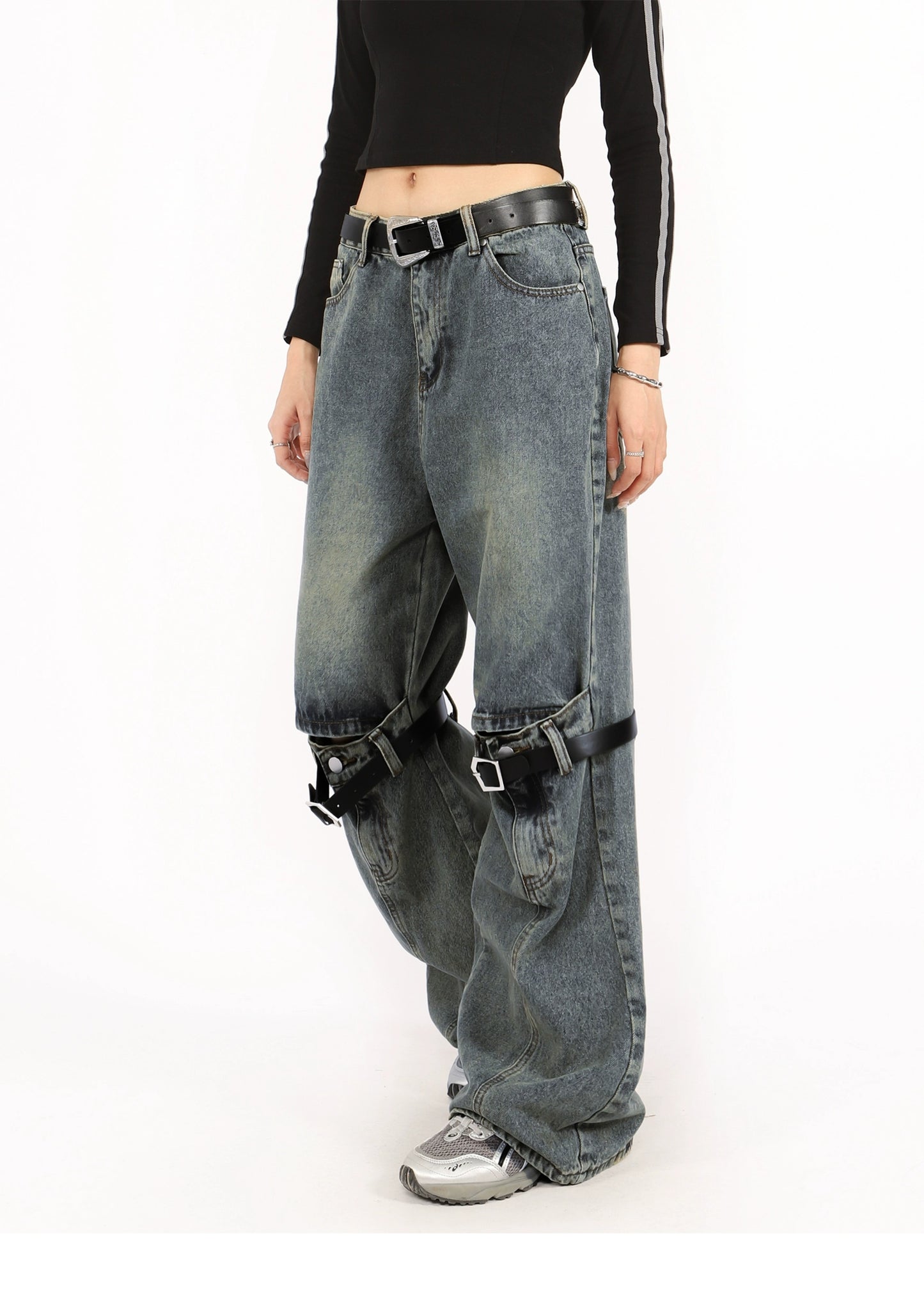 Grunge Ripped Distressed Belt Buckle Jeans