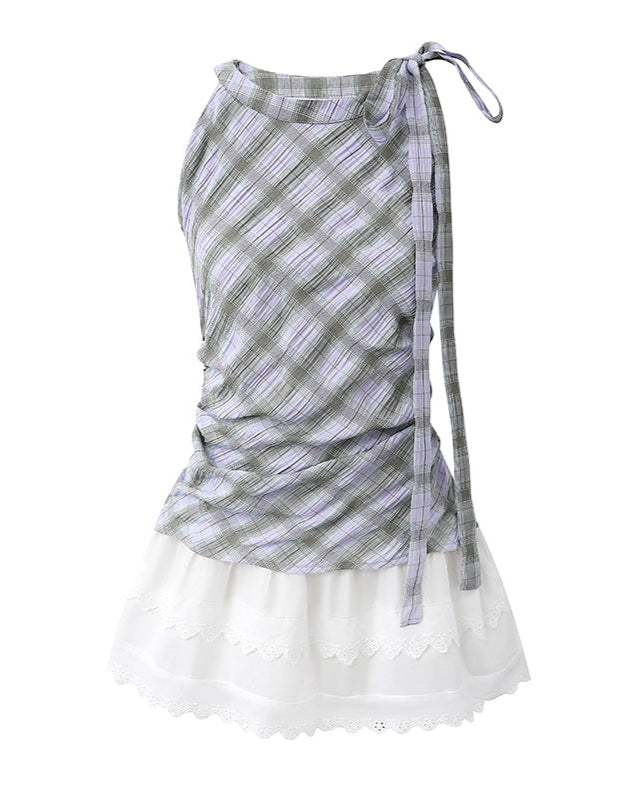 Retro Lace Plaid Halterneck Coquette Dress