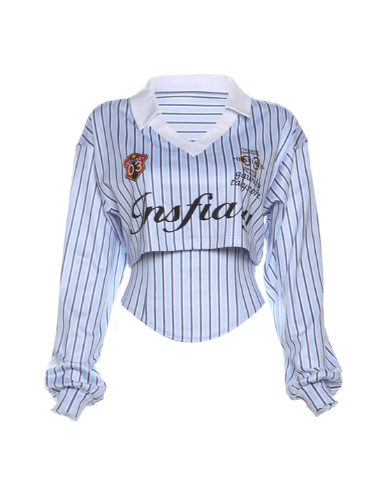 Preppy Sporty Blue Striped Lapel Long-sleeved Shirt