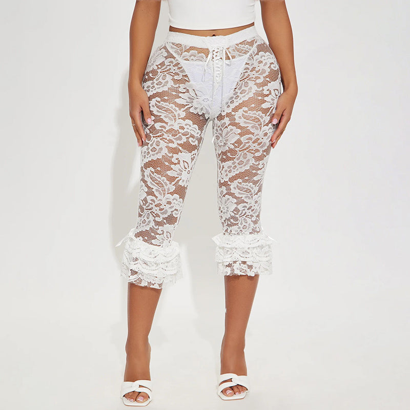 Pink Hollow Lace Y2K Pants
