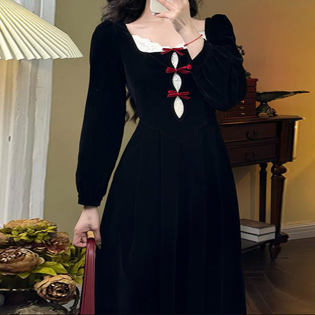 Red Bows Velvet Dark Coquette Maxi Dress