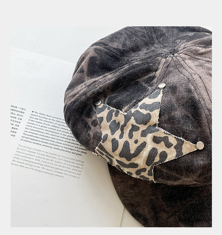 Y2K Star Leopard Painter Beret Hat