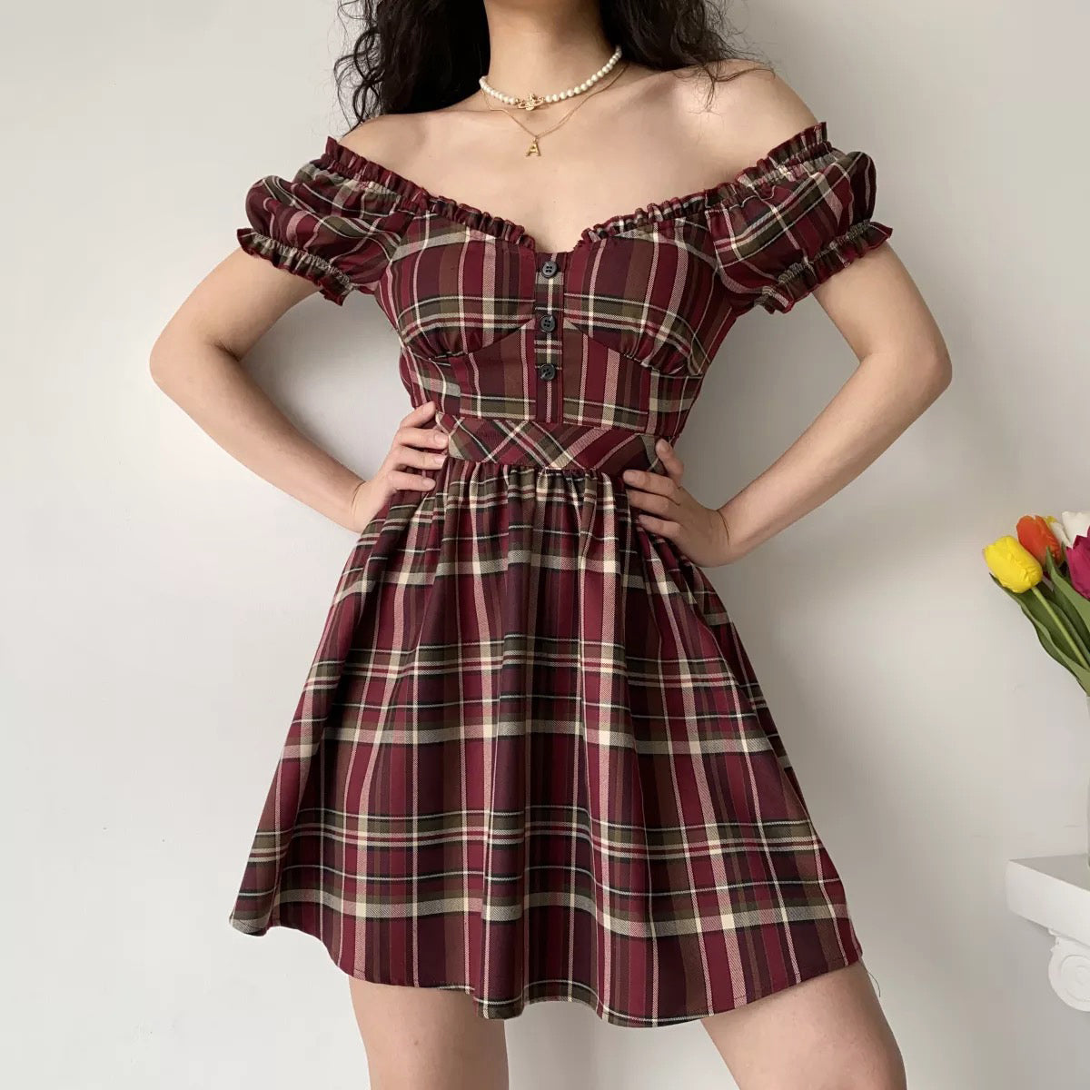 Fairy Grunge Puff Sleeve Red Plaid Dress