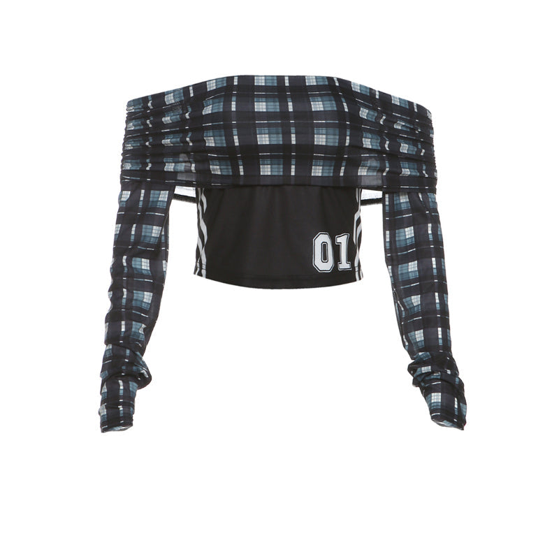 Blokette Plaid Off-shoulder Y2K Long-sleeved Top