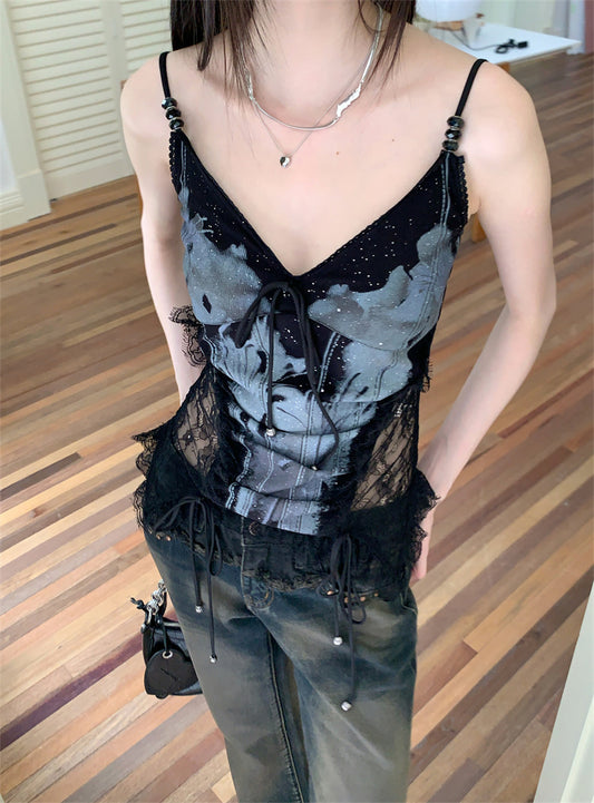 Lace Splicing Printed Tank Top