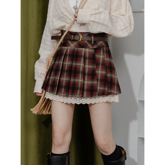 Preppy Woolen Plaid Pleated Skirt